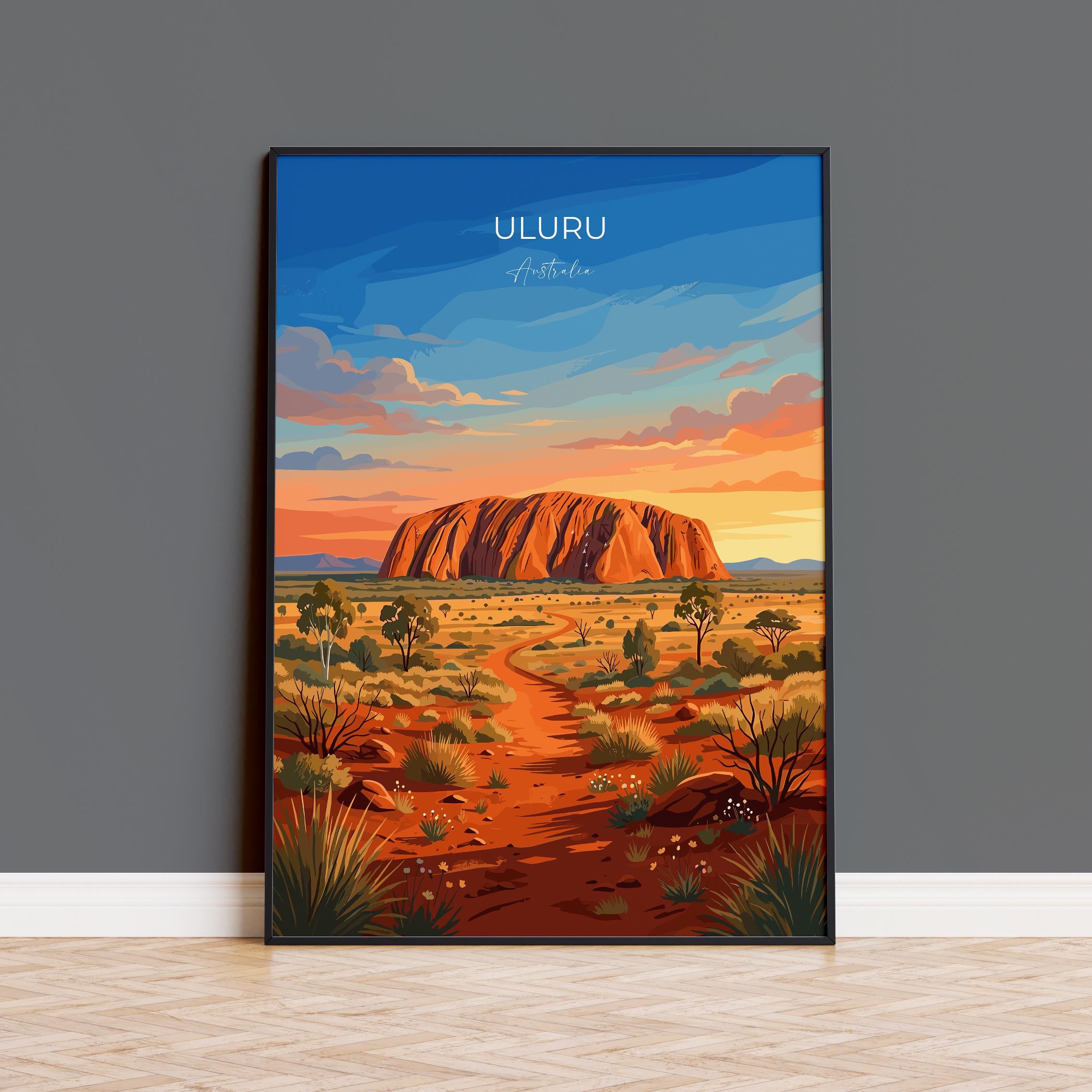 Uluru Australia Travel Print, Ayers Rock Wall Art, Outback Landscape Poster, Northern Territory Illustration, Vintage Style Australia Decor