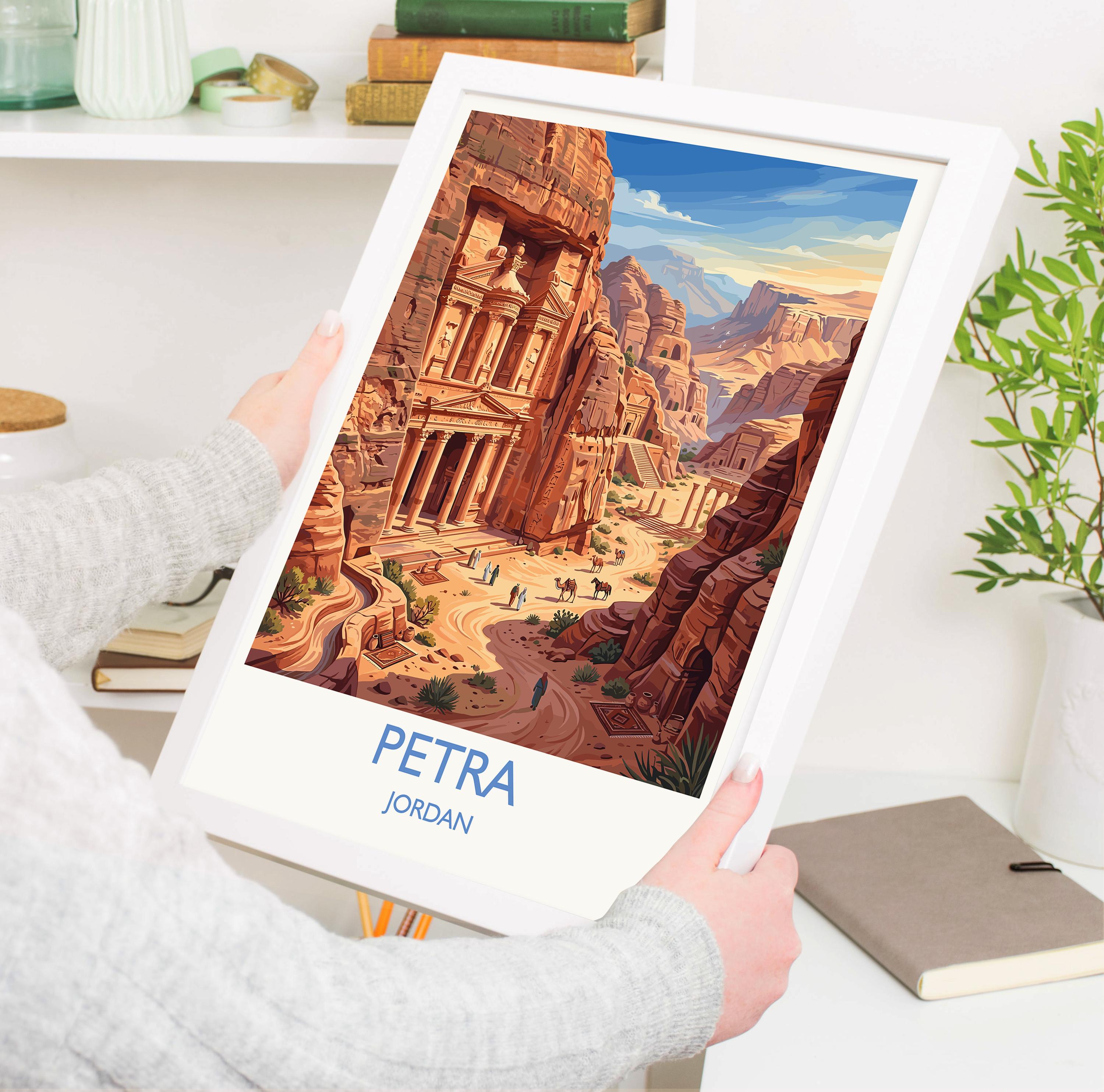 Petra Jordan Travel Poster, Al-Khazneh Treasury Wall Art, Rose City Print, Ancient Wonder Illustration, Vintage Style Middle East Decor