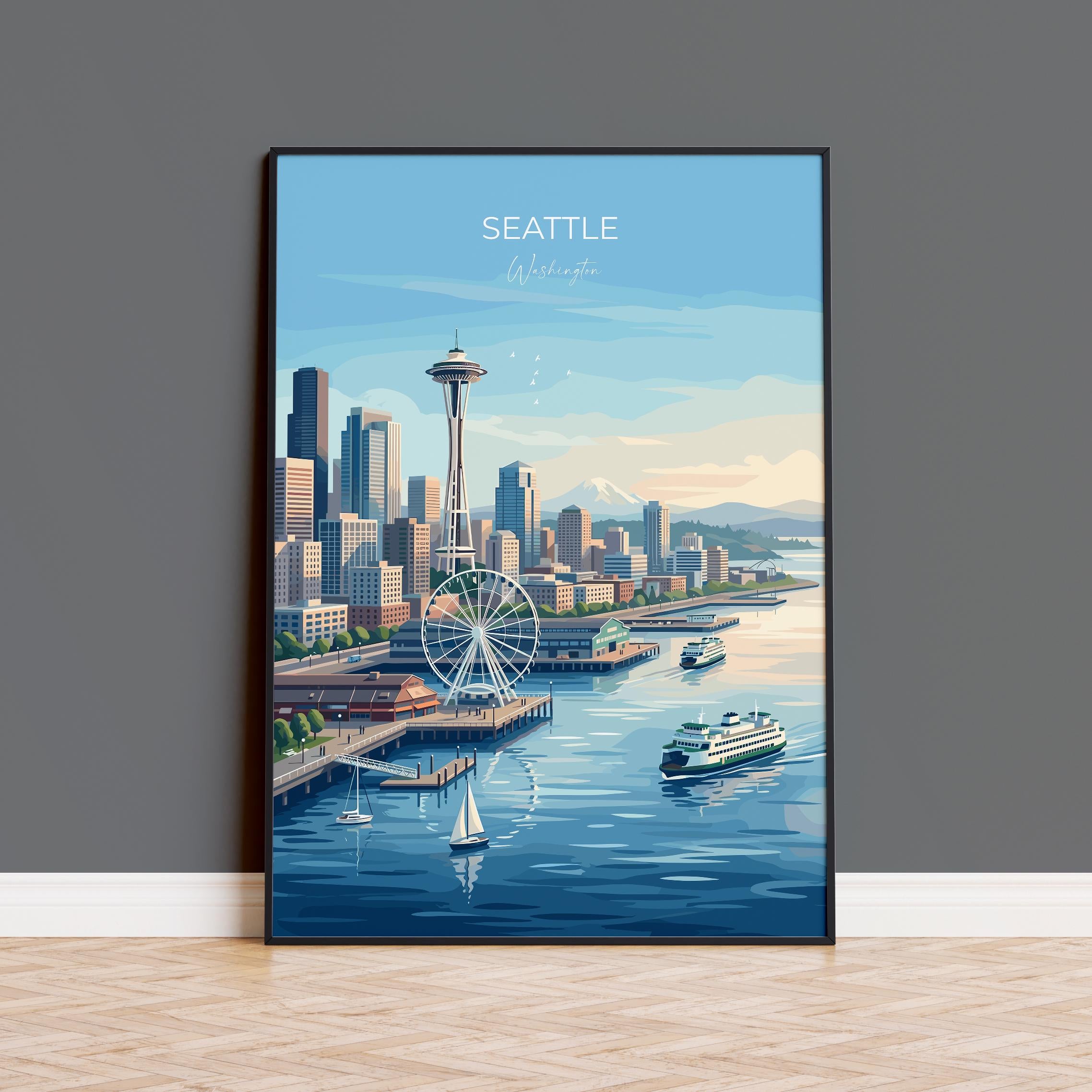 Seattle Washington Travel Print, Seattle Skyline Wall Art, Space Needle Cityscape Poster, Pacific Northwest Illustration, Vintage USA Decor