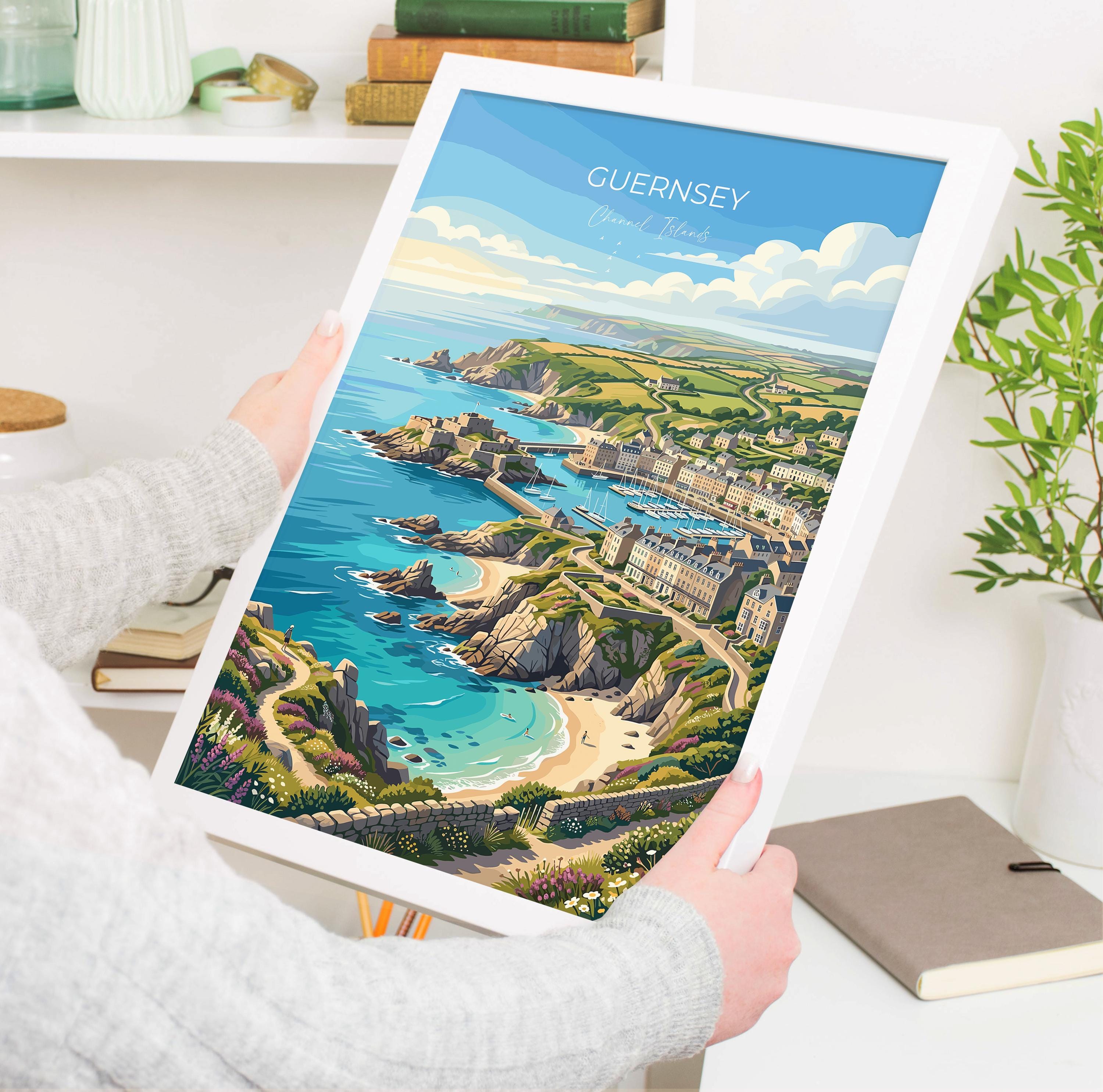 Guernsey Channel Islands Travel Print, Coastal Wall Art, Harbour & Seaside Poster, British Island Illustration, Vintage Style UK Decor