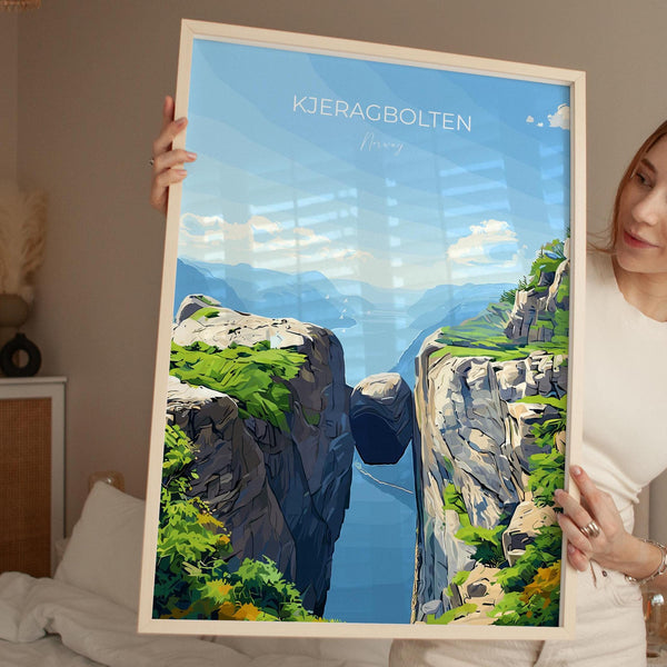 Kjeragbolten Travel Poster, Travel Print of Fjords, Norway Poster, Kjeragbolten Art Gift, Norway Art Lovers Travel Gift