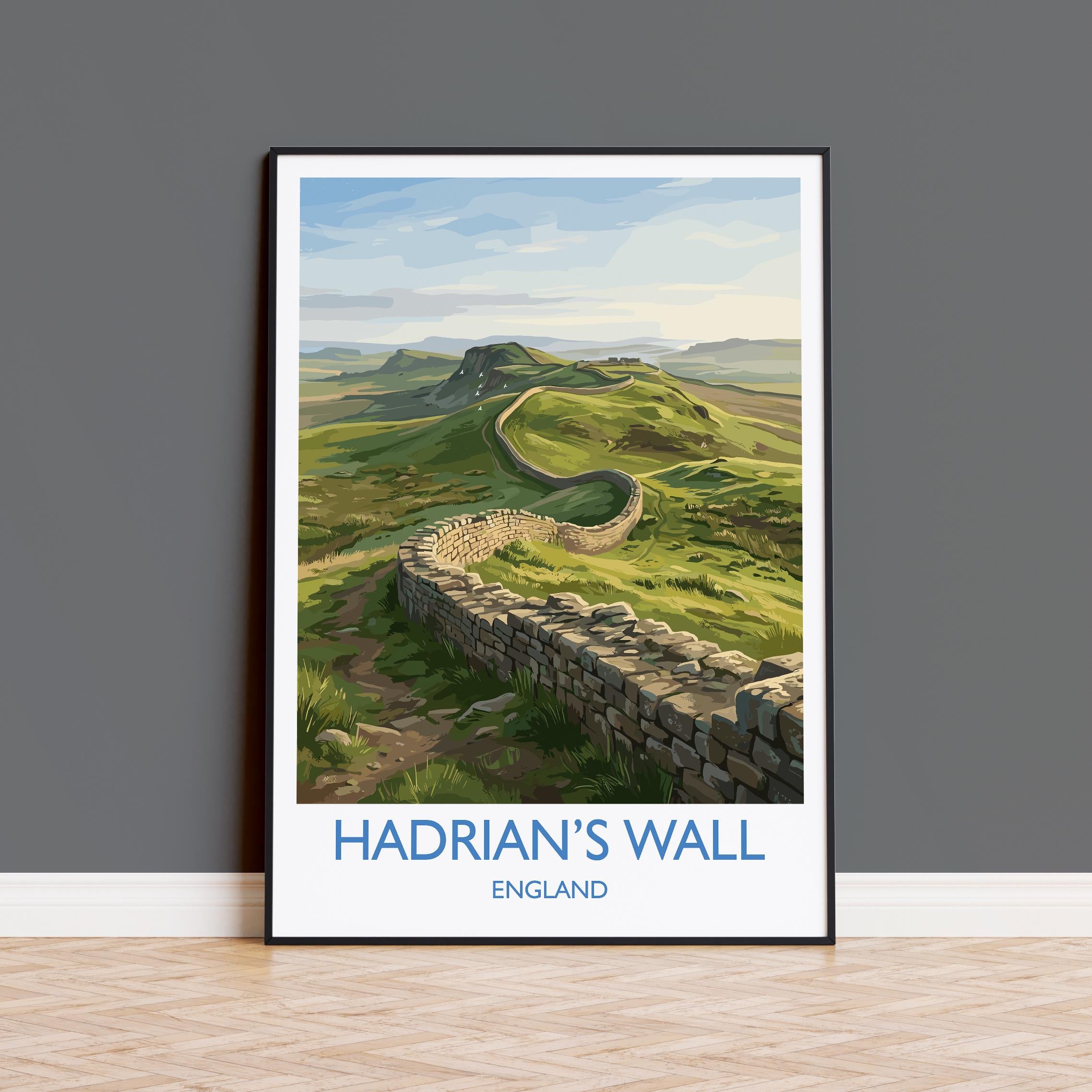 Hadrians Wall Travel Poster, Northumberland Wall Art, Roman Britain Landscape Print, Historic UK Heritage Illustration, England Decor