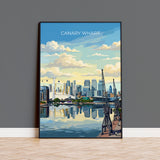 Canary Wharf London Travel Print, Royal Victoria Dock Wall Art, London Skyline Poster, O2 & Cable Car, East London Travel Poster