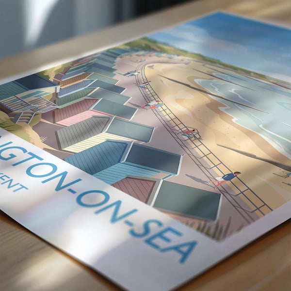 Birchington on Sea Travel Poster, Reculver Towers Beach Huts Wall Art, Kent Coast Print, Seaside Landscape Illustration, UK Coastal Decor