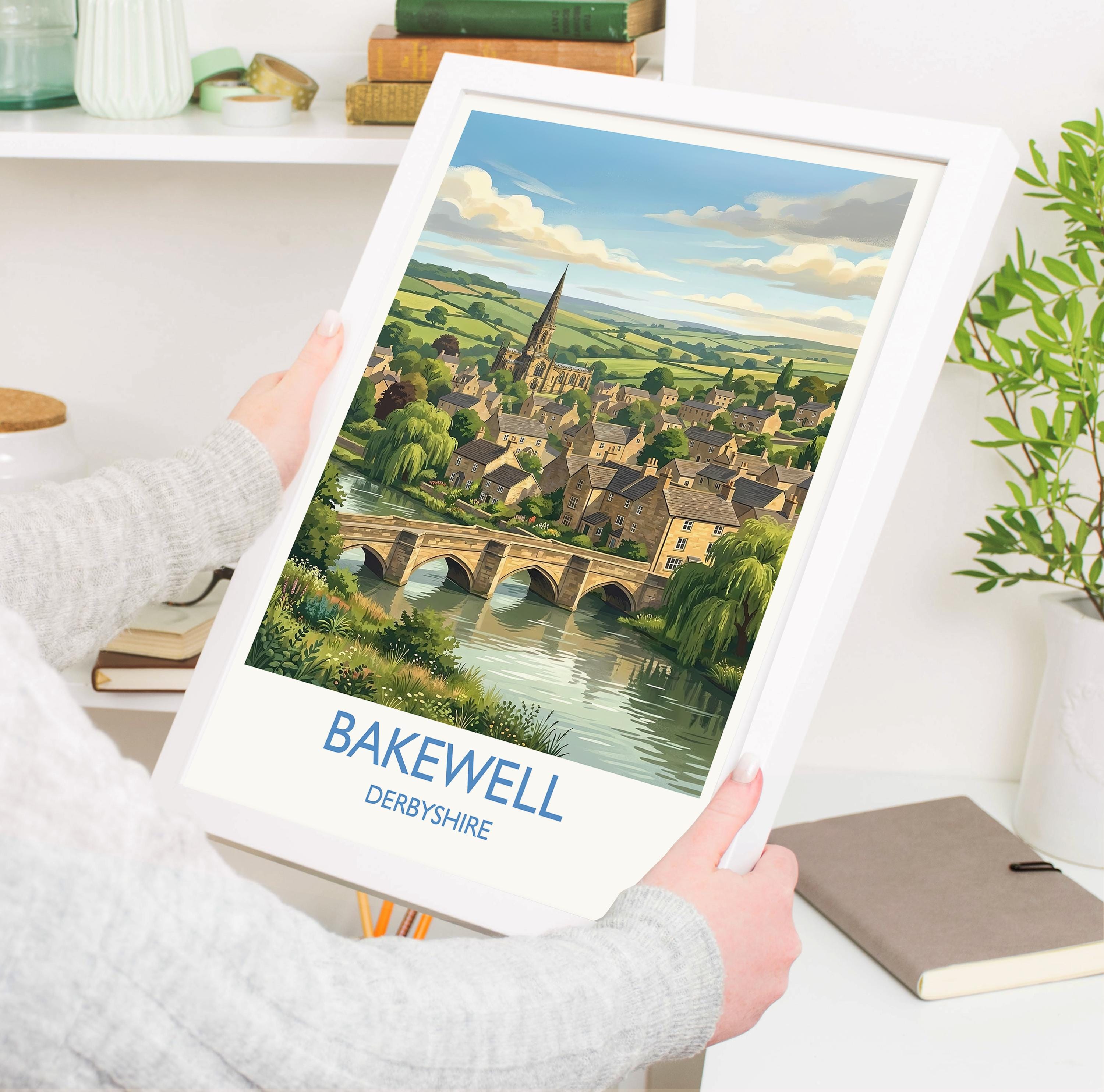 Bakewell Derbyshire Travel Poster, Peak District Wall Art, River Wye Town Print, Historic Market Town Illustration, Vintage Style UK Decor