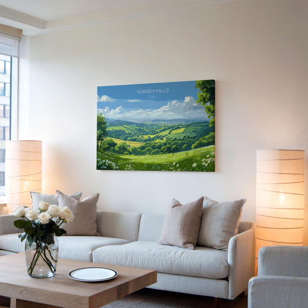 Surrey Hills Landscape Travel Poster Wall Art, Surrey Hills Travel Print, English Countryside Art Gift, Wall Art Print