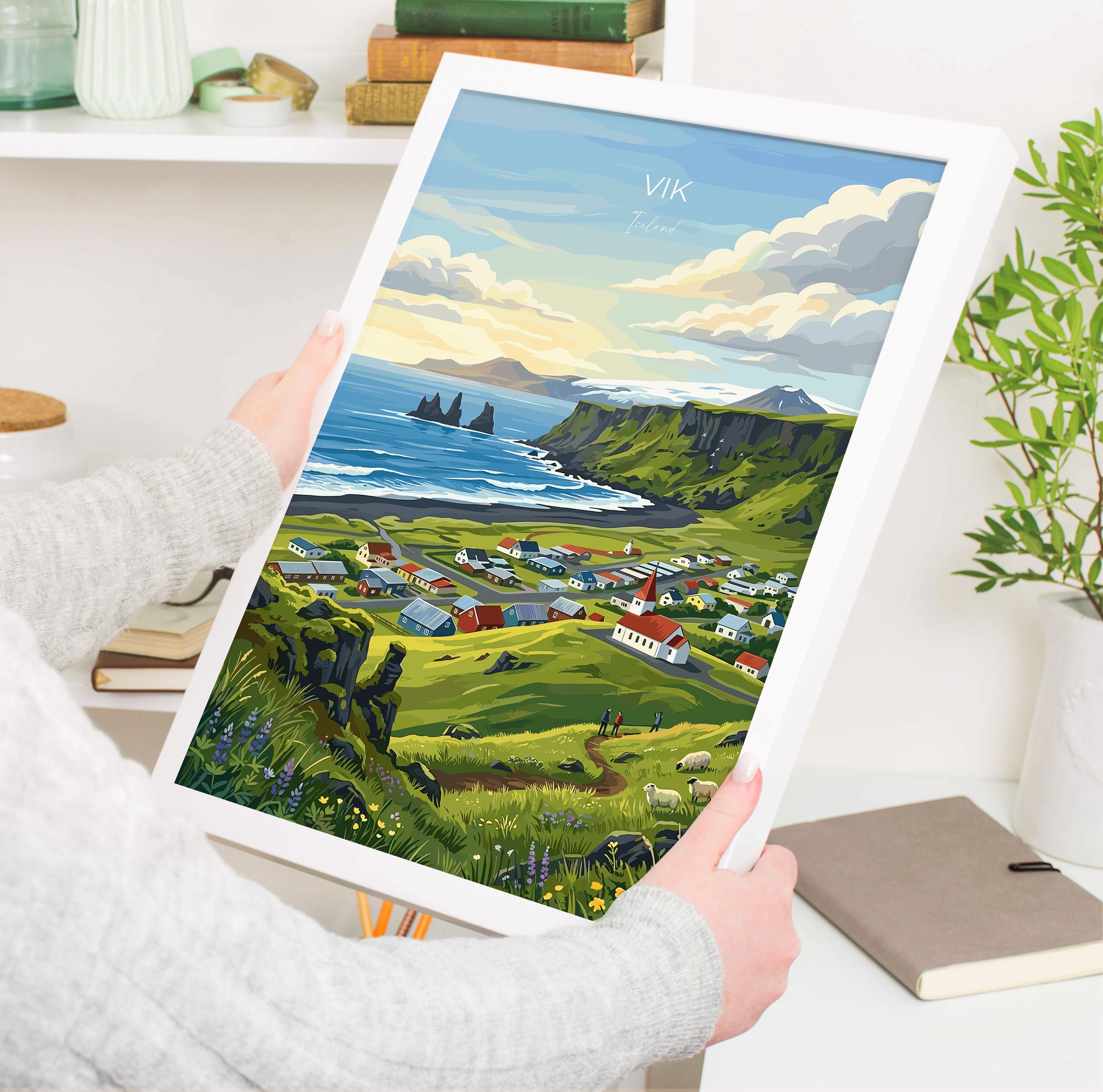 Vík Iceland Travel Print, Reynisfjara Black Sand Beach Wall Art, Vik Village Poster, Iceland Coastal Landscape, Vintage Style Nordic Decor
