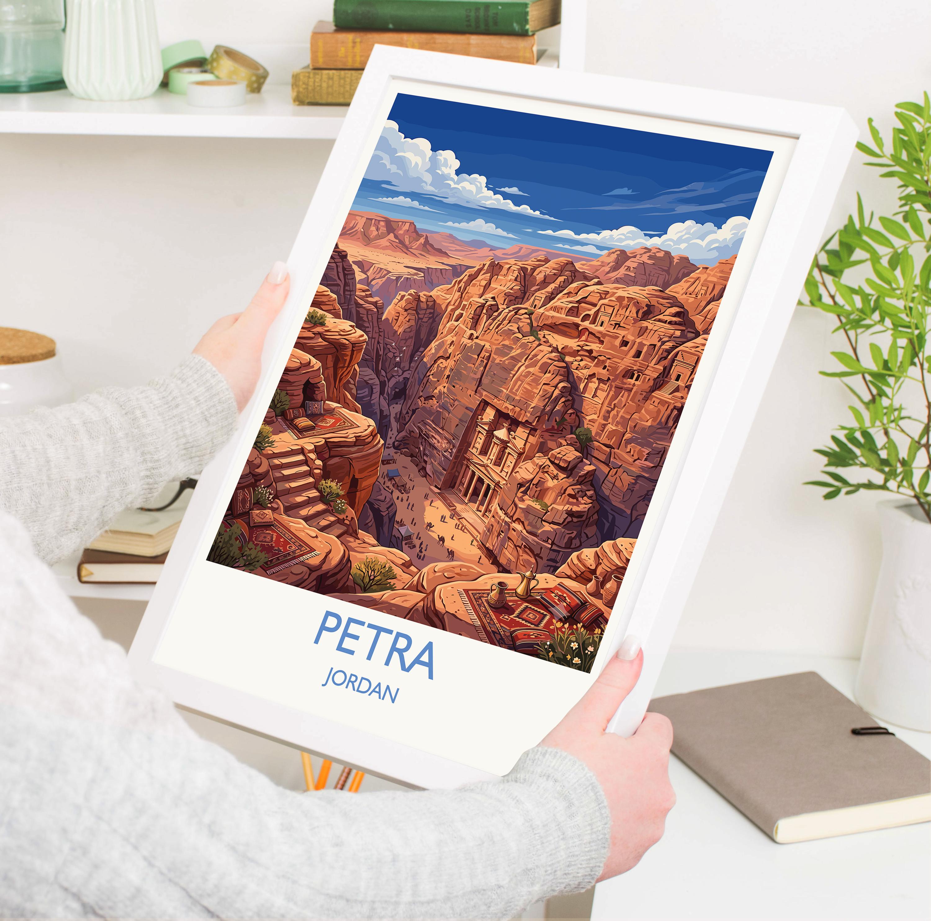 Petra Jordan Travel Poster, Al-Khazneh Treasury Wall Art, Rose City Print, Ancient Wonder Illustration, Vintage Style Middle East Decor