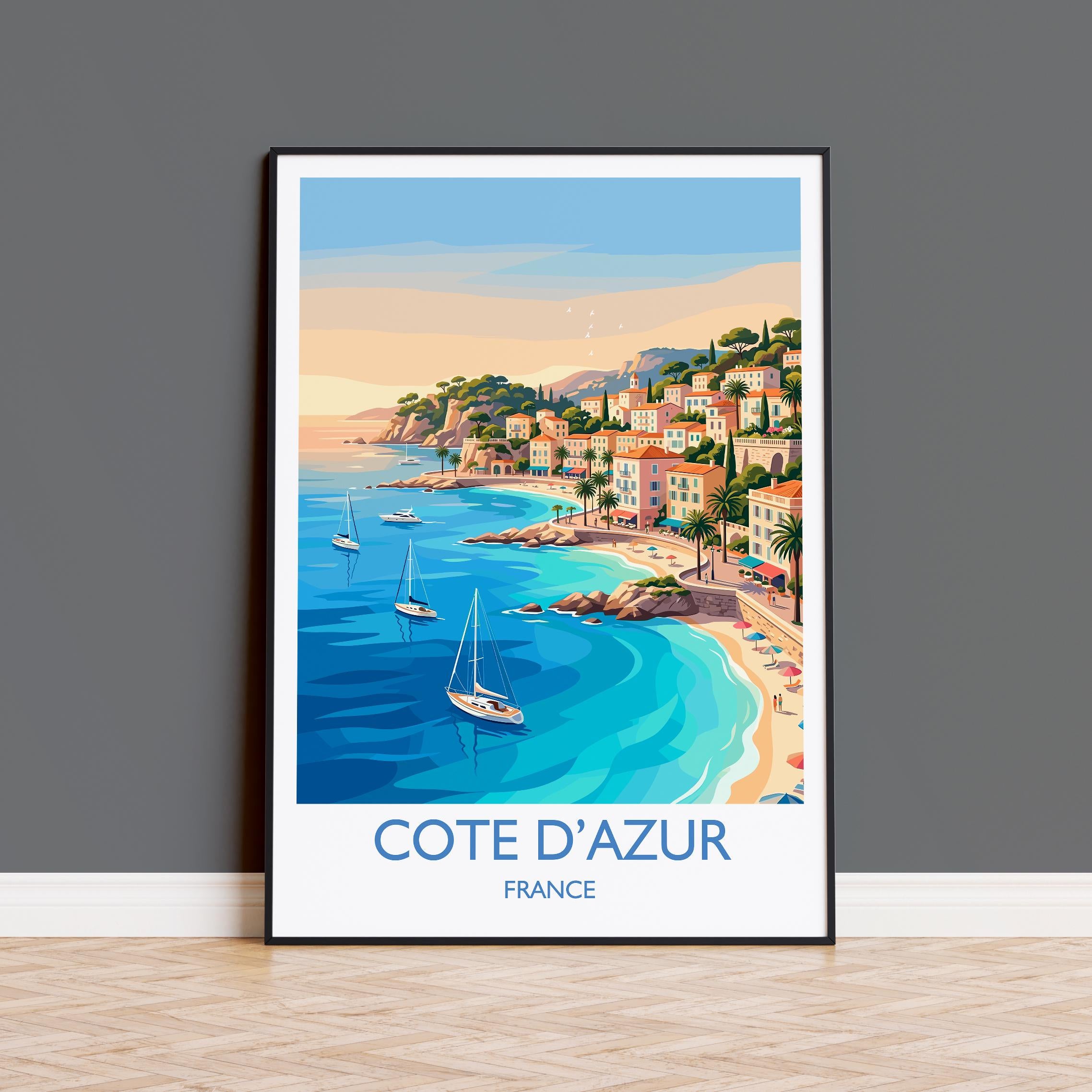 Côte d’Azur France Travel Poster, French Riviera Wall Art, Mediterranean Coastal Print, Luxury Seaside Illustration, Vintage Style Decor