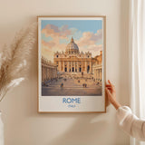 Rome St Peters Basilica Travel Poster, Vatican Skyline Wall Art, Tiber River View Print, Historic Cityscape Illustration, Italy Decor