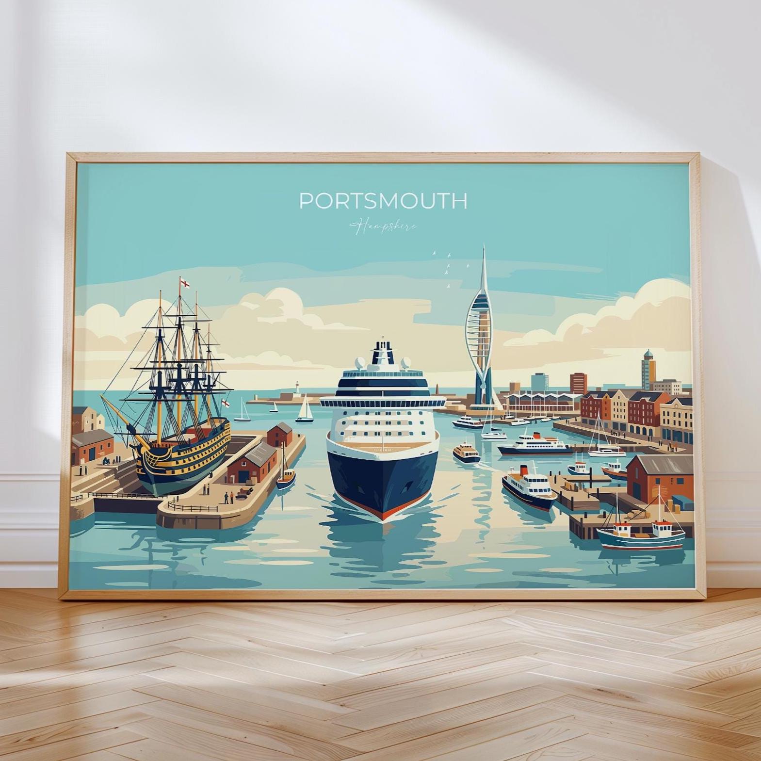 Portsmouth Landscape Travel Print Poster, Spinnaker Tower Wall Art, Hampshire Coastal City Illustration, UK Travel Decor, Seaside Gift NQ Media Designs