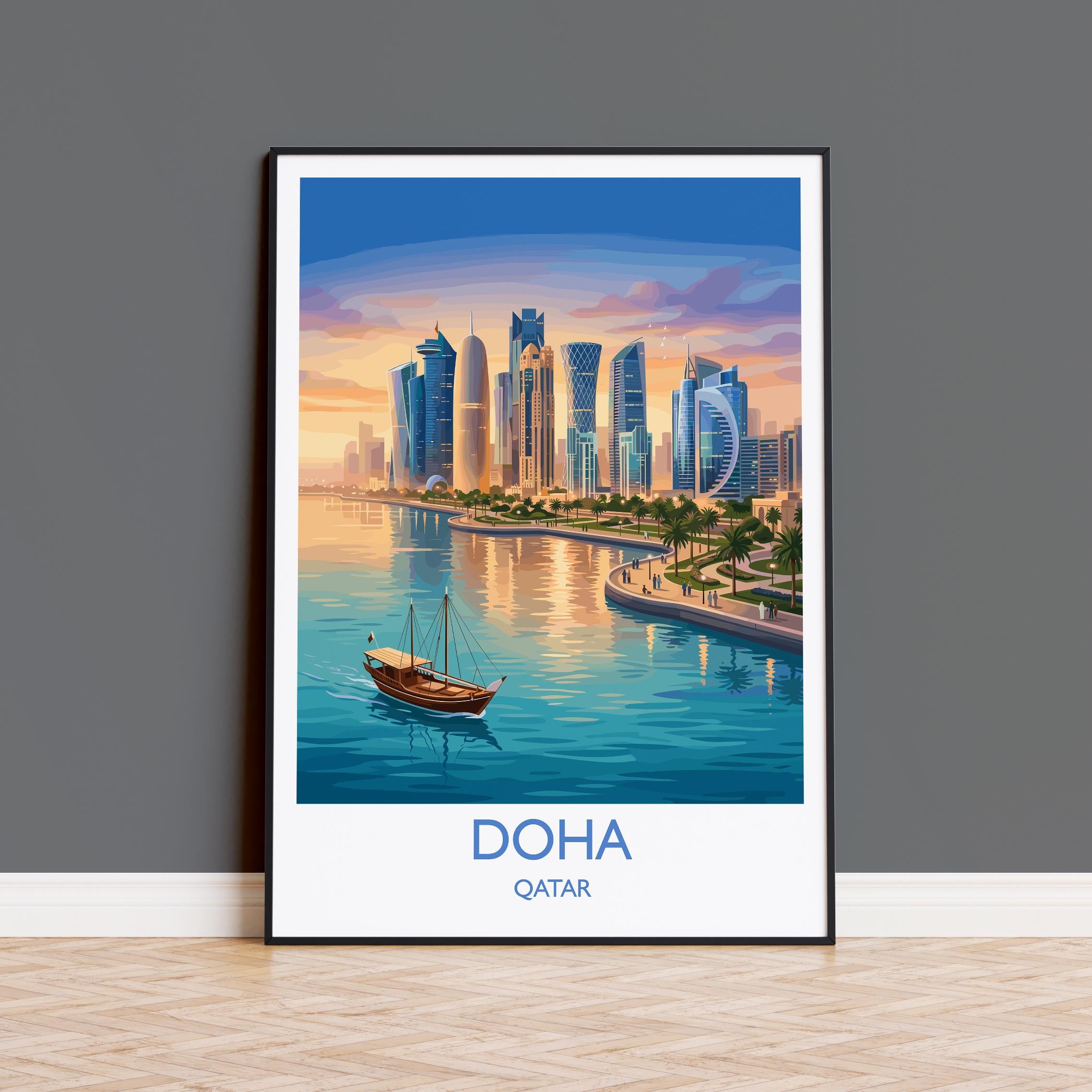 Doha Qatar Travel Poster, Doha Skyline Wall Art, Modern Cityscape Print, Arabian Gulf Illustration, Vintage Style Middle East Decor