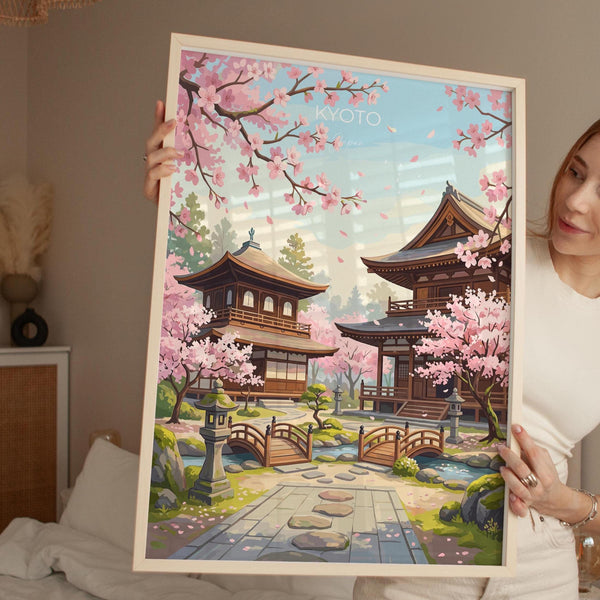 Kyoto Japan Travel Print, Cherry Blossom Temple Wall Art, Japanese Landscape Poster, Sakura Illustration, Asia Decor, Kyoto Gift