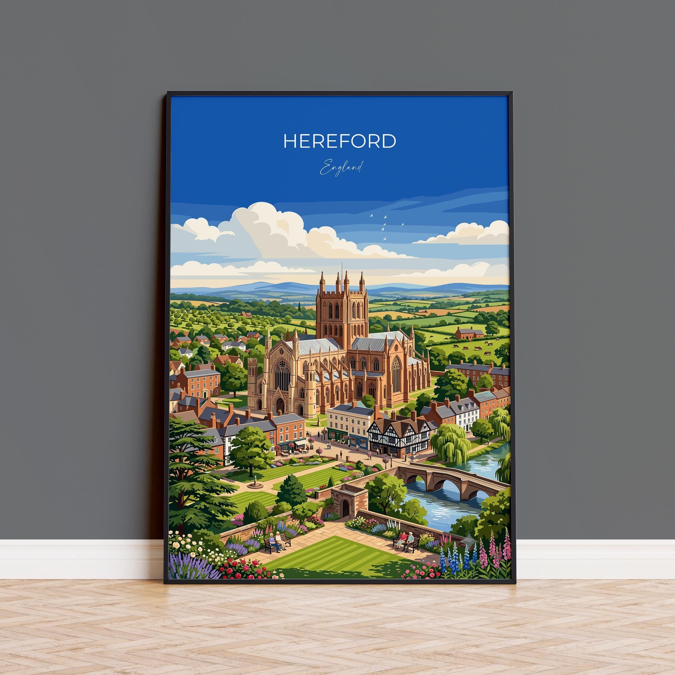 Hereford England Travel Print, Hereford Cathedral Wall Art, River Wye Poster, Historic City Illustration, Vintage Style UK Decor