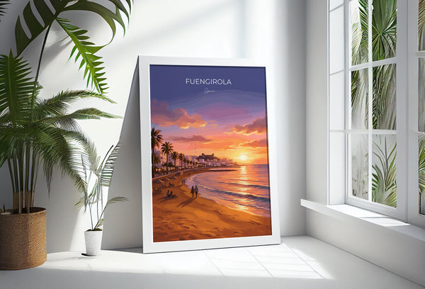 Fuengirola Spain Sunset Travel Print, Costa del Sol Beach Wall Art, Seaside Promenade Poster, Spanish Coastal Illustration, Holiday Decor
