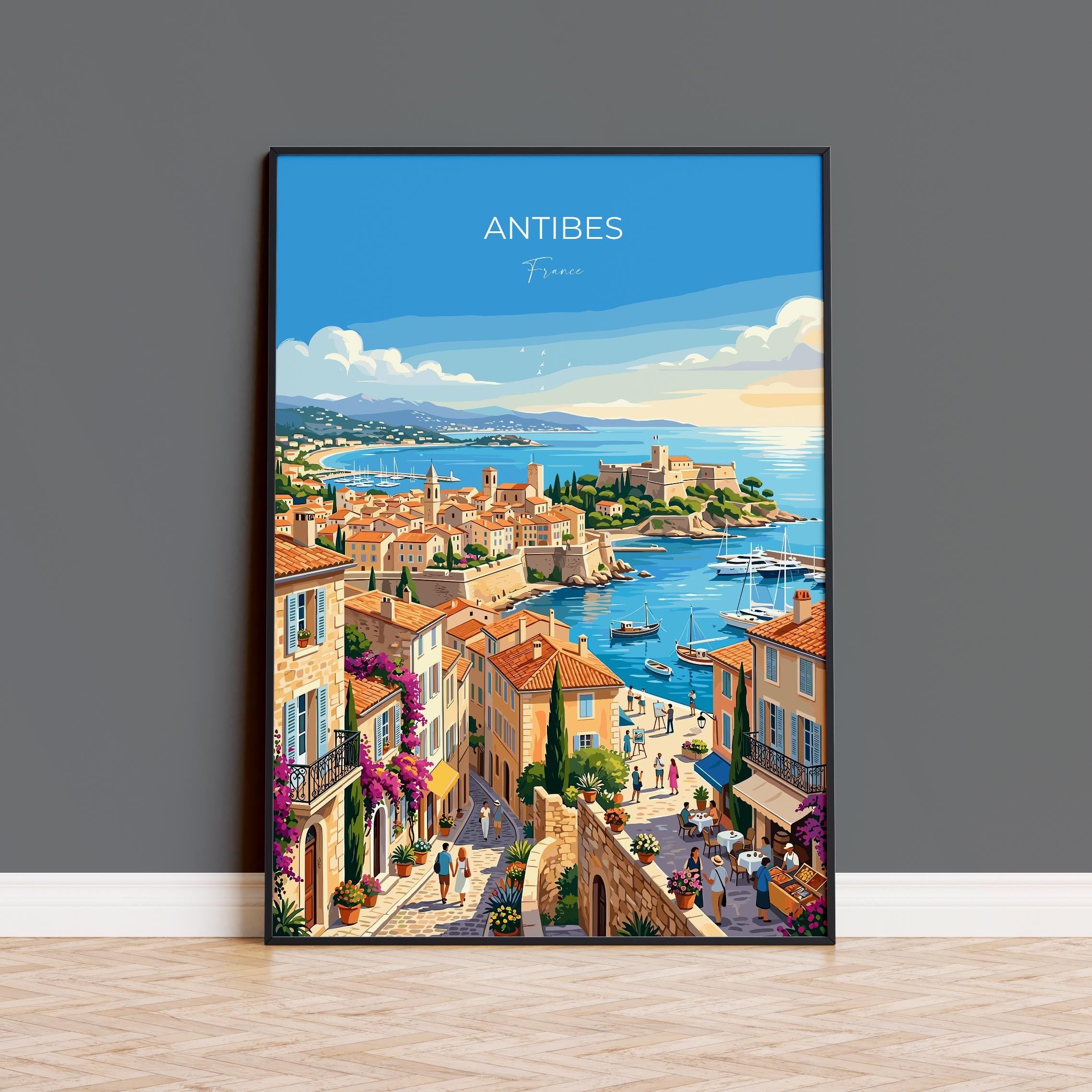 Antibes France Travel Poster, French Riviera Wall Art, Mediterranean Harbour Print, Côte d’Azur Illustration, Vintage Style Europe Decor