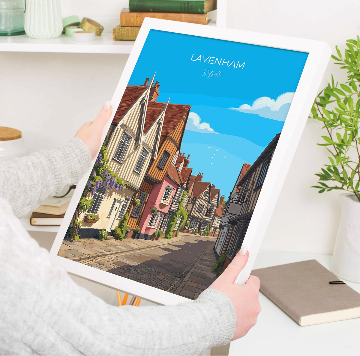 Lavenham Suffolk Travel Print, Medieval Village Wall Art, Guildhall Poster, Timber-Framed Houses Illustration, Vintage Style UK Decor