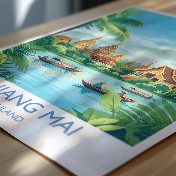 A colorful illustration of boats on a river, with traditional Thai buildings and lush greenery in the background, depicting a scenic view of the city of Bangkok, Thailand.