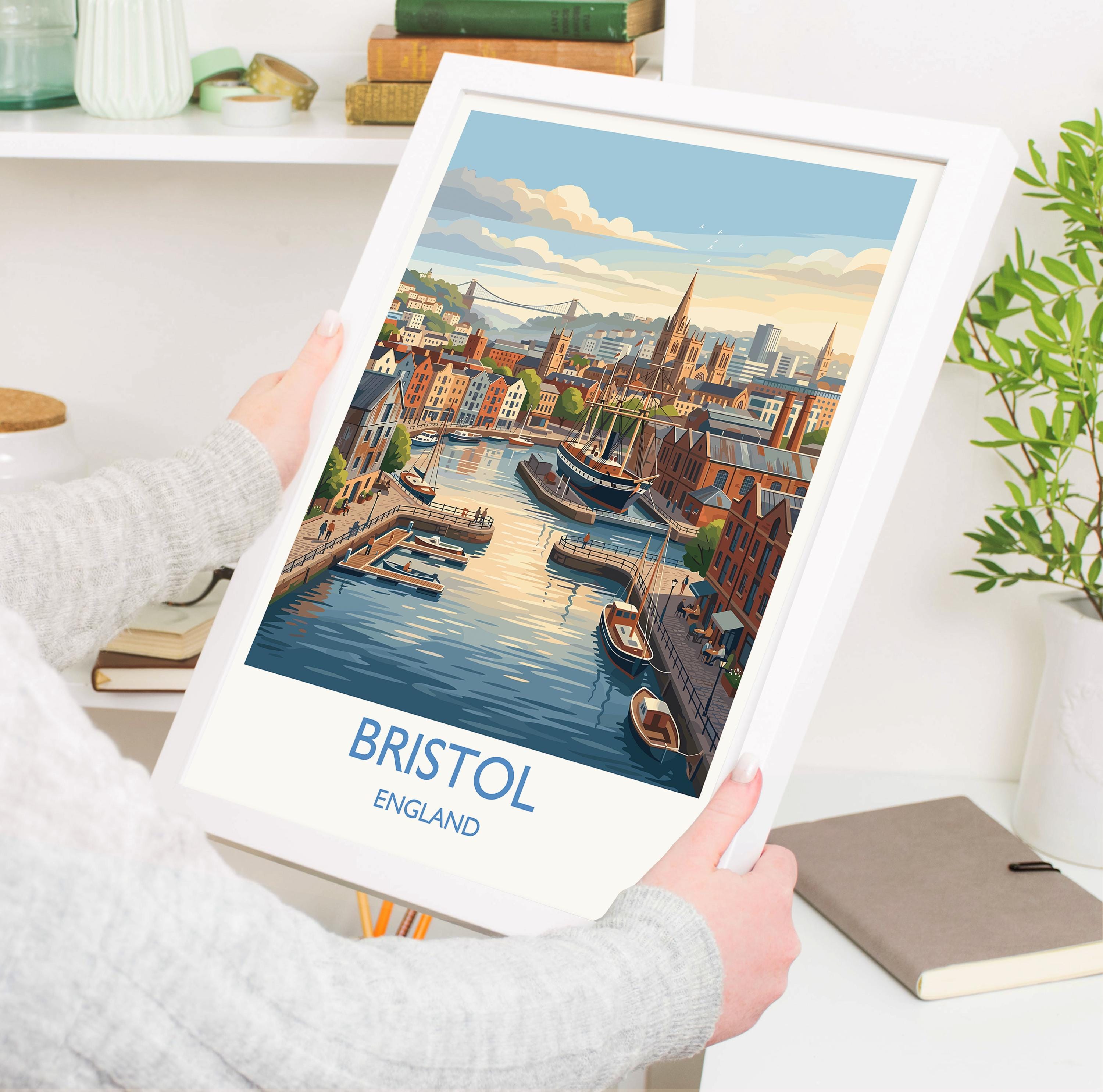 Bristol Travel Poster, Clifton Suspension Bridge Wall Art, Bristol Skyline Print, Historic Harbour City Illustration, Vintage Style UK Decor