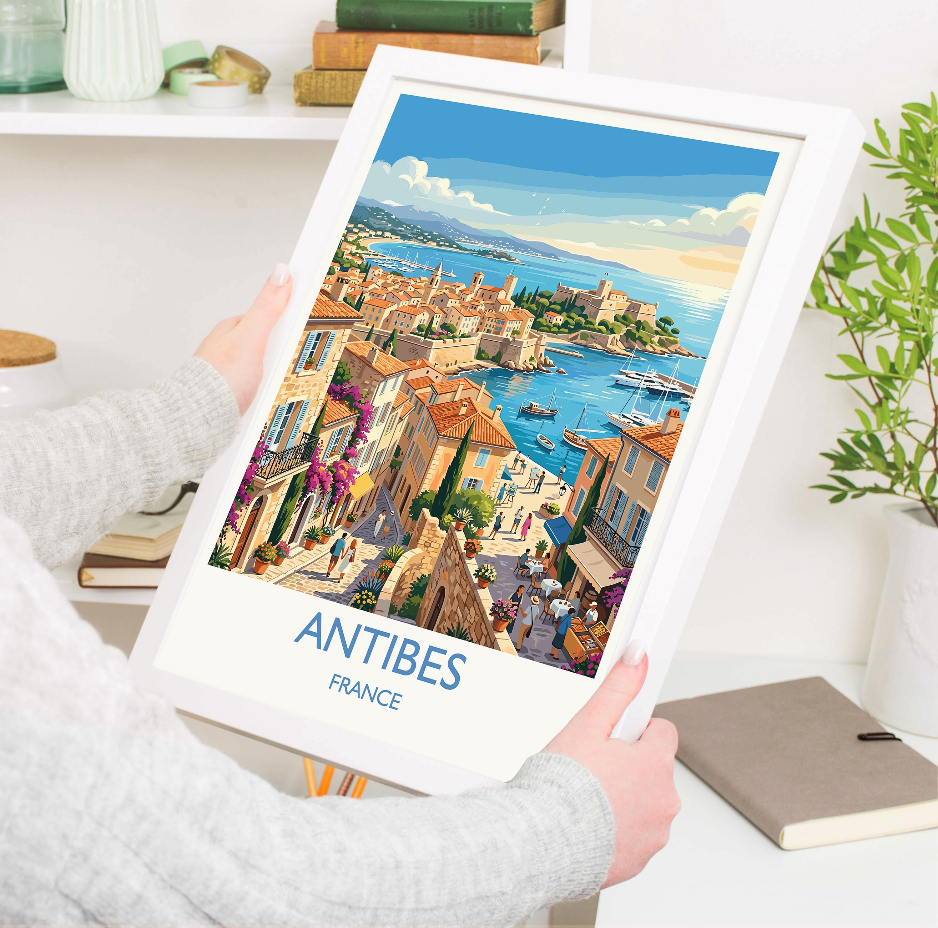 Antibes France Travel Poster, French Riviera Wall Art, Mediterranean Harbour Print, Côte d’Azur Illustration, Vintage Style Europe Decor