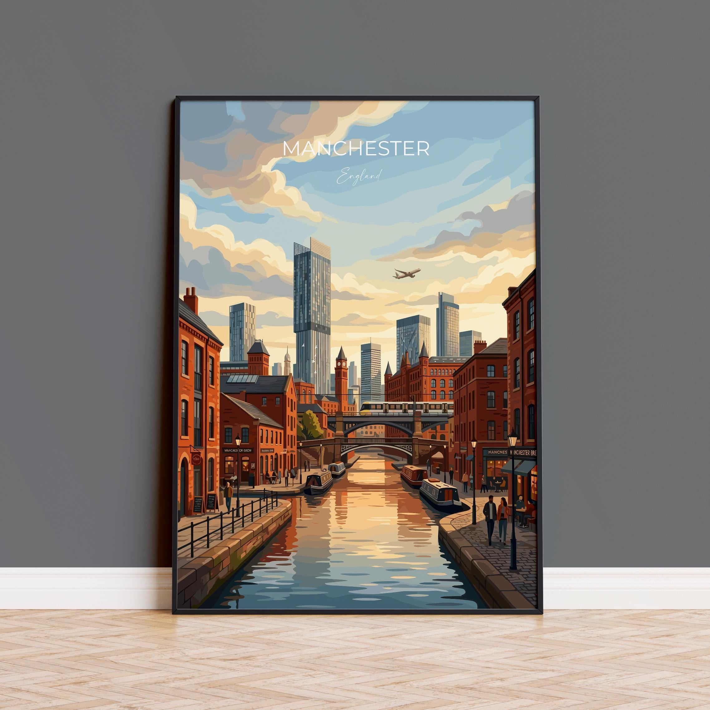 Manchester Travel Print, Manchester Canal Skyline Wall Art, Airport Aircraft Cityscape Poster, Modern UK City Art, Vintage Style Decor
