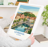 Ljubljana Slovenia Print, Dragon Bridge Wall Art with Border, Ljubljana Castle Poster, Slovenia Travel Print, Ljubljana Gift Print