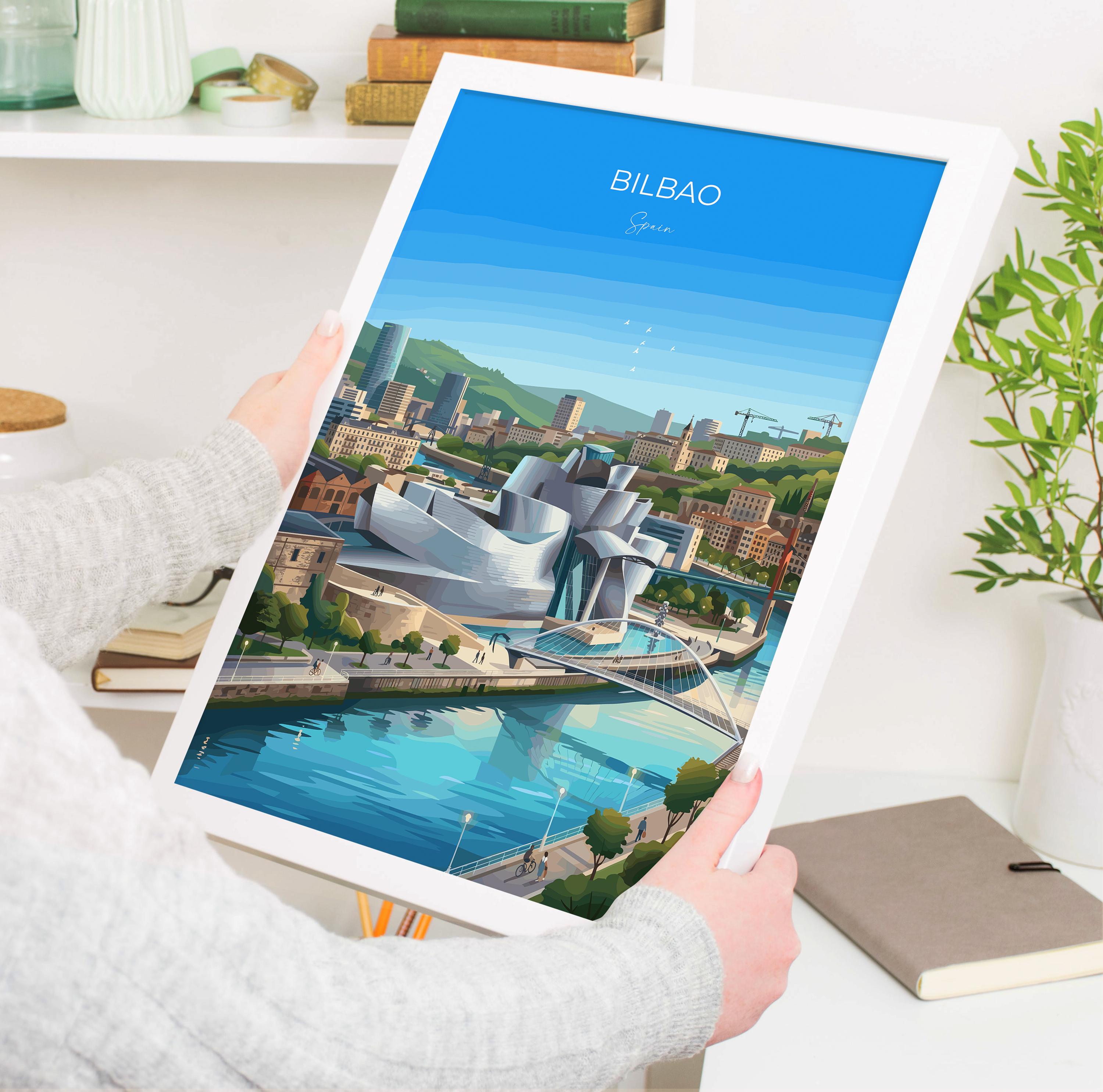 Bilbao Spain Travel Print, Bilbao Skyline Wall Art, Guggenheim Museum Poster, Basque Country Illustration, Vintage Style Europe Decor