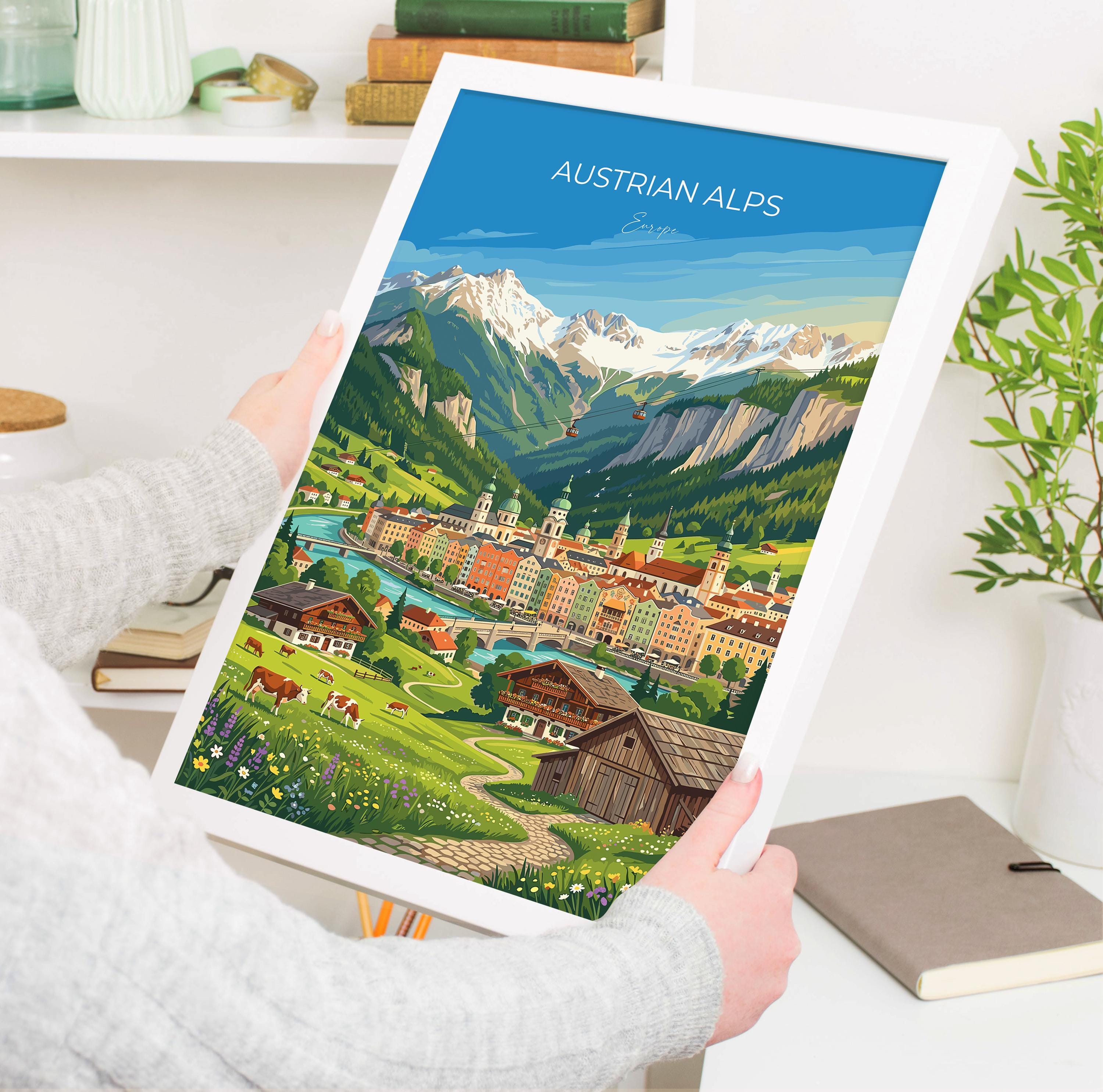 Austrian Alps Travel Print, Austria Mountain Wall Art, Alpine Landscape Poster, Tyrol Mountain Illustration, Vintage Style Europe Decor