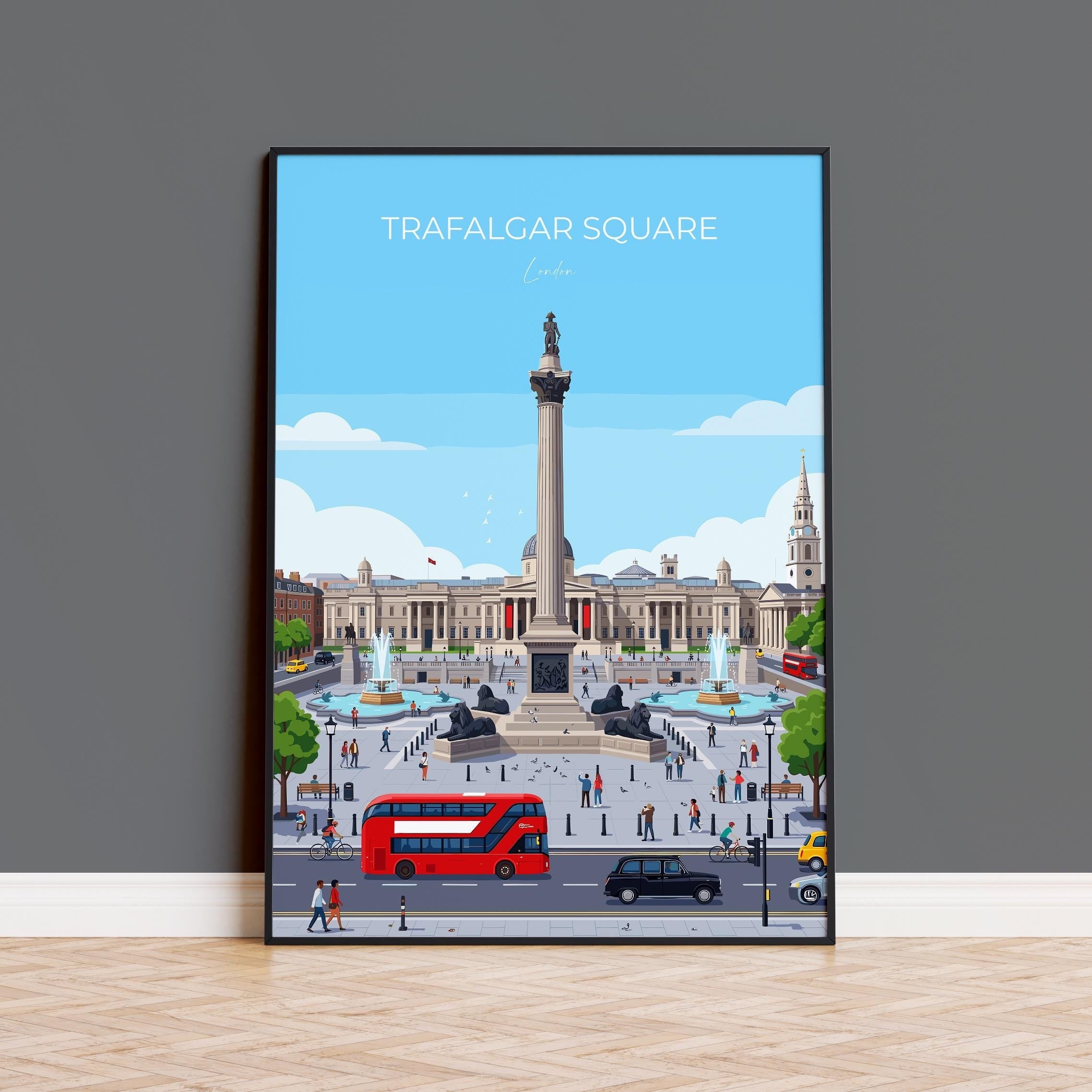Trafalgar Square London Travel Print, London Wall Art Poster, Nelson’s Column Illustration, Vintage Style UK City Decor, Landmark Gift NQ Media Designs