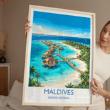 Maldives Indian Ocean Travel Poster, Tropical Island Wall Art, Maldives Beach Print, Overwater Bungalows, Luxury Island Travel Poster