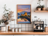 Eilean Donan Castle Scotland Travel Print, Scottish Highlands Castle Wall Art, Sunset Landscape Poster, Iconic Scotland Illustration