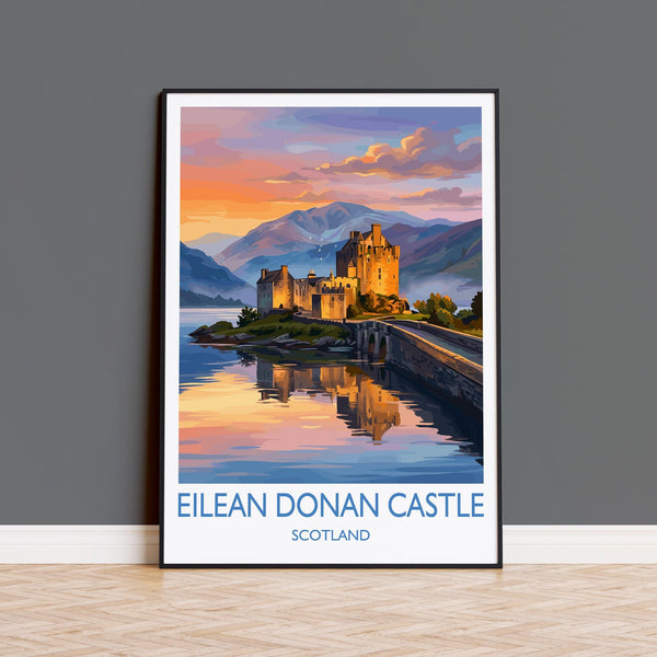 Eilean Donan Castle Scotland Travel Poster, Scottish Highlands Castle Sunset Wall Art, Landscape Print, Iconic Scotland Illustration,