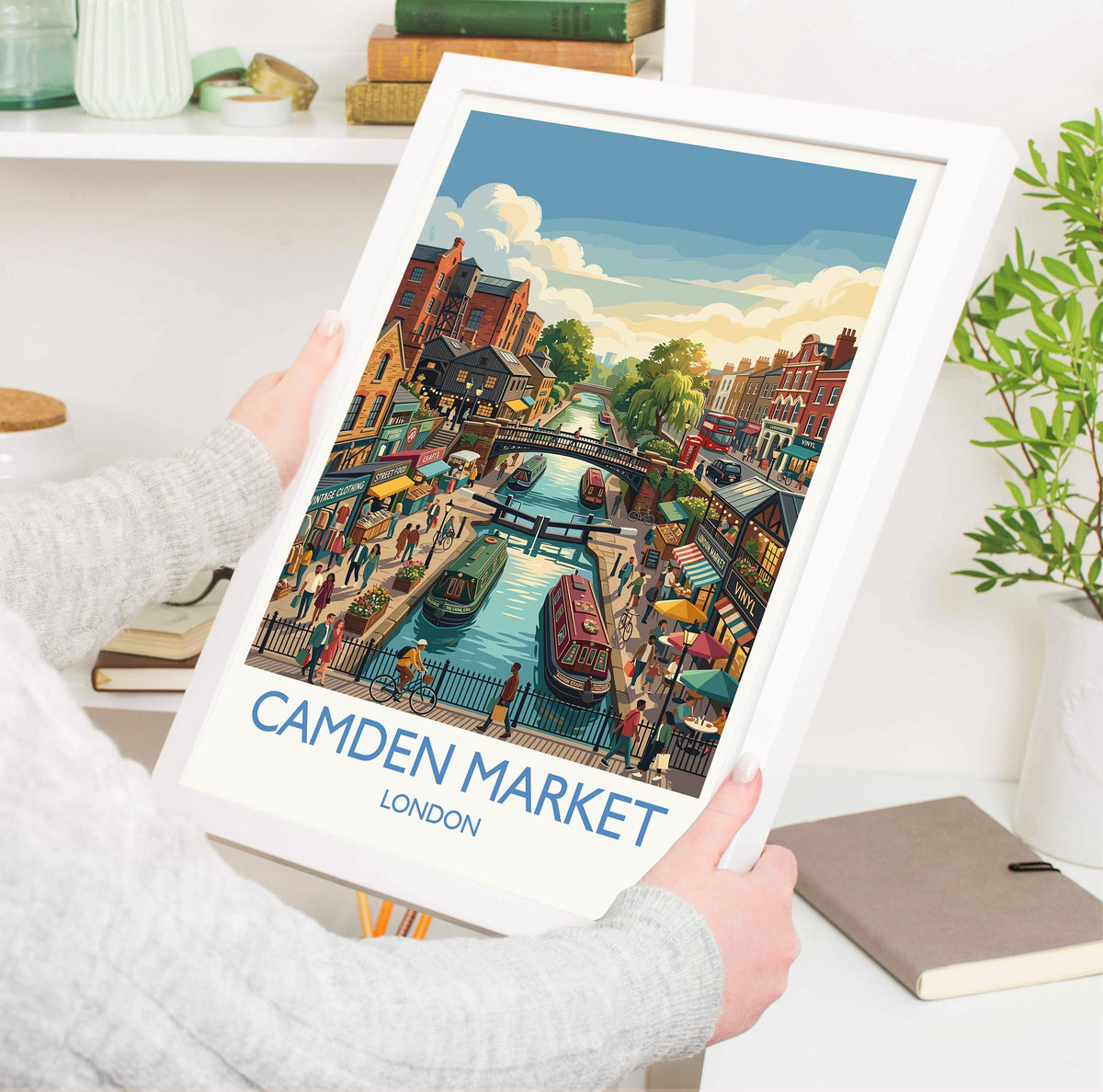 Camden Market London Print, Camden Lock Wall Art with Border, Camden Town Poster, Colourful Market Print, London Travel Print