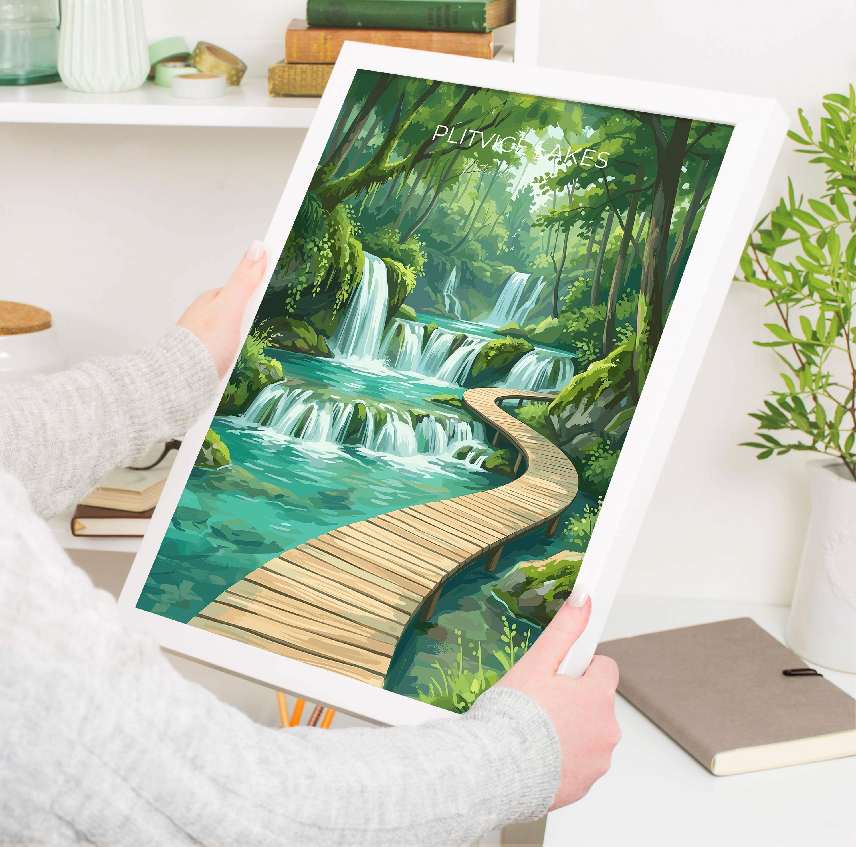 Plitvice Lakes Croatia Travel Poster, Waterfalls & Boardwalk Wall Art, National Park Print, Nature Illustration, Vintage Style Europe Decor