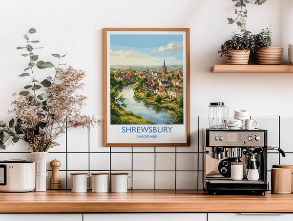 Shrewsbury Travel Poster, River Severn Wall Art, Shrewsbury Town Print, Historic Church Illustration, Shropshire Landscape, UK Decor