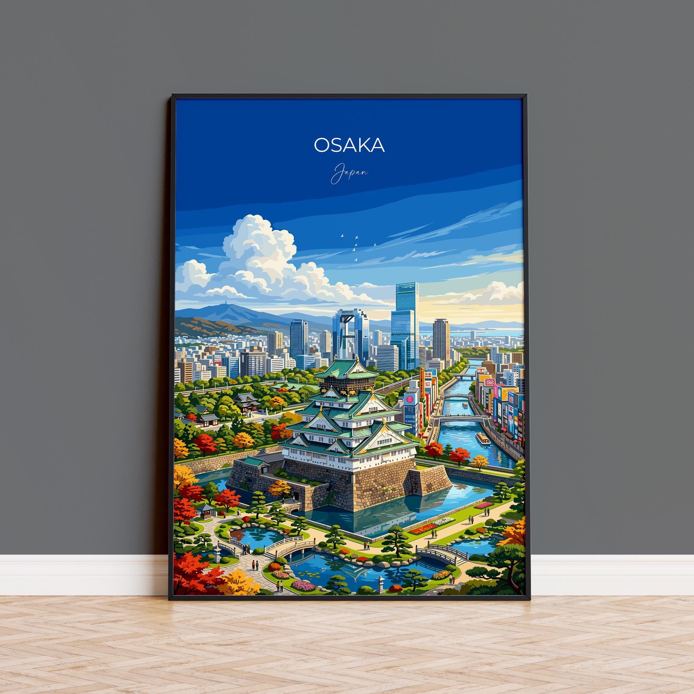 Osaka Japan Travel Print, Osaka Castle Wall Art, Dotonbori Skyline Poster, Japanese City Illustration, Vintage Style Japan Decor