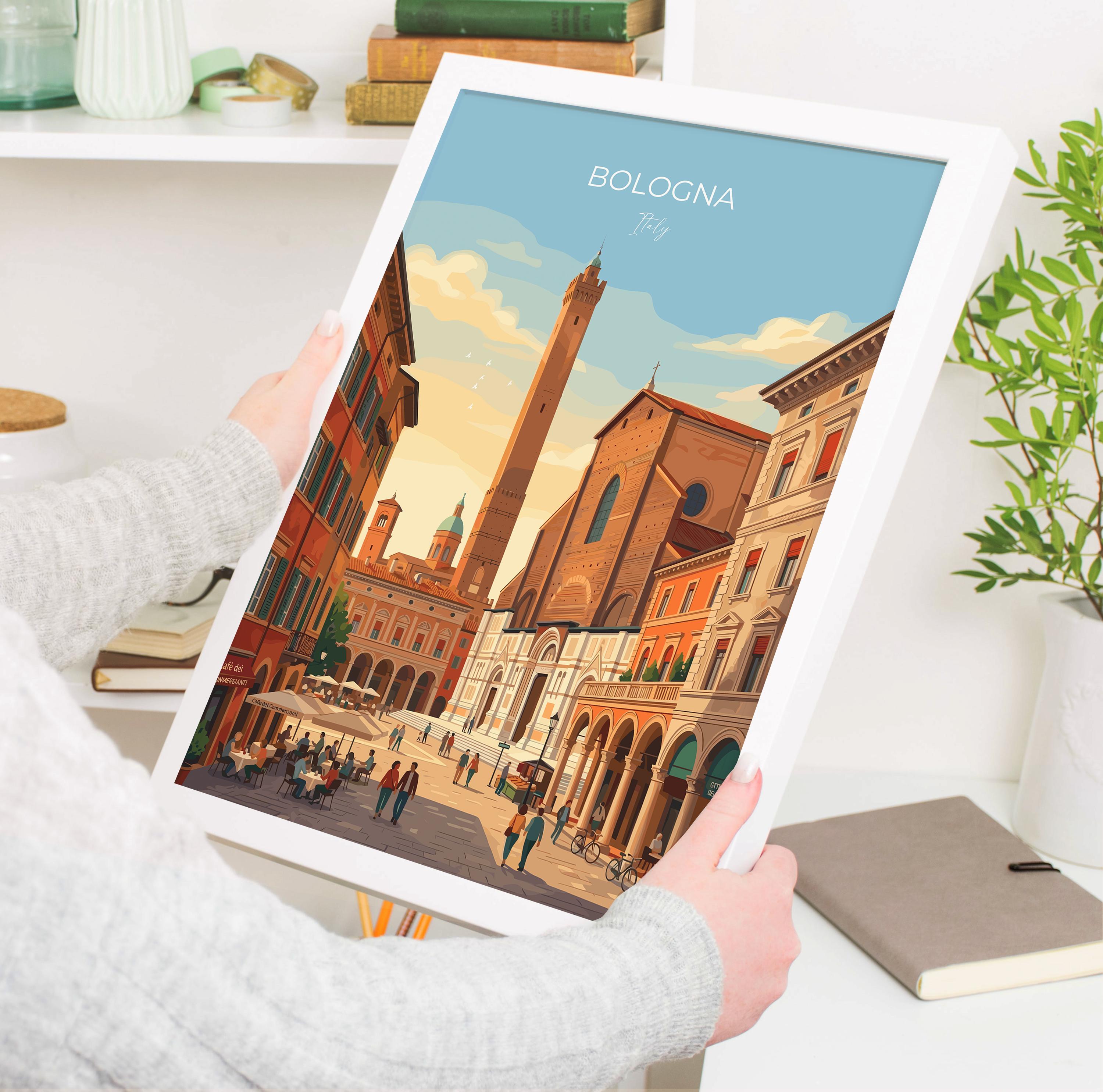 Bologna Italy Travel Print, Porticoes & Towers Wall Art, Historic City Poster, Italian Architecture Illustration, Vintage Style Europe Decor