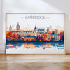 Cambridge Travel Print Skyline Wall Art Landscape, Travel Poster of Cambridge, Cambridge Art Lovers Gift, England Horizontal Art Gift