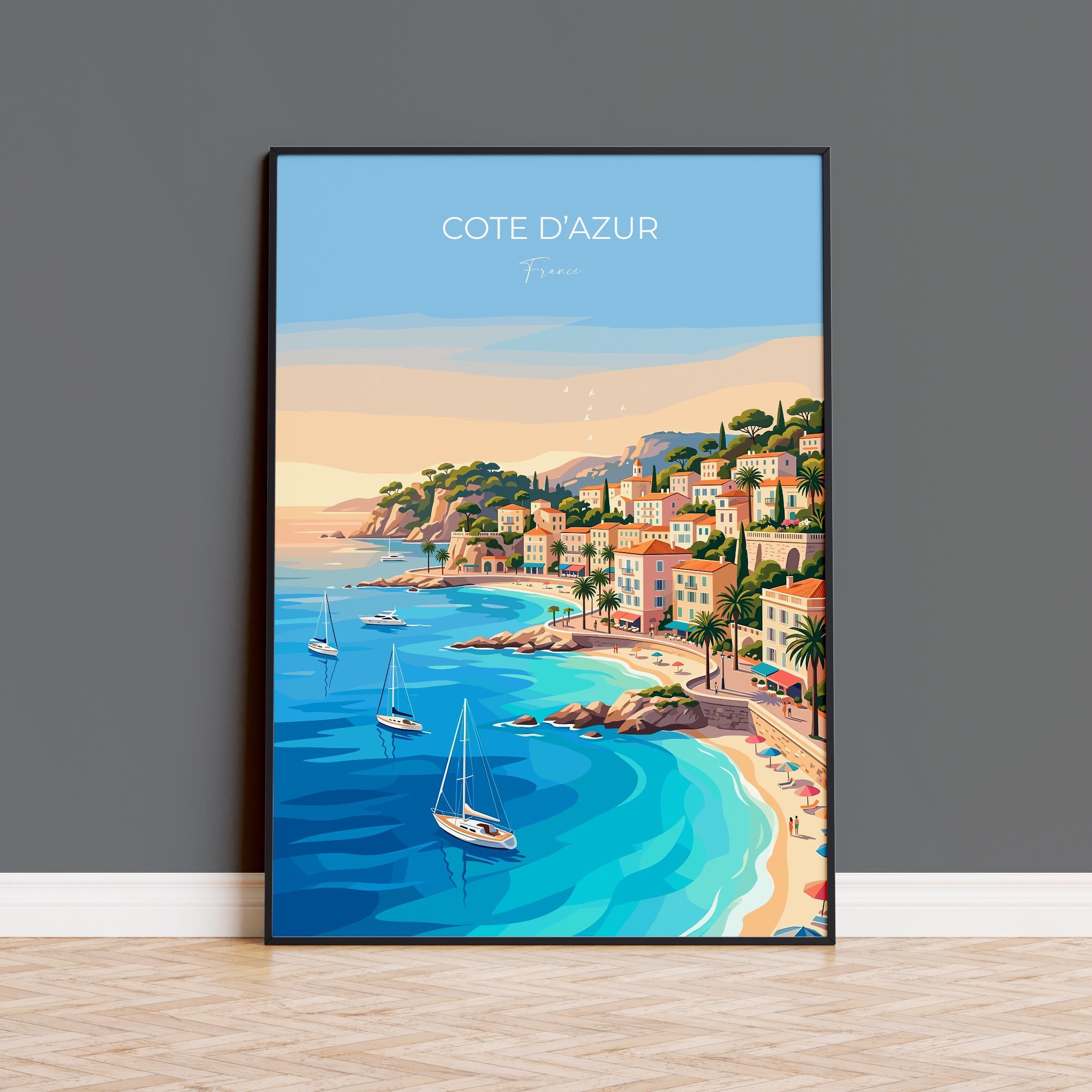 Côte d’Azur France Travel Print, French Riviera Wall Art, Mediterranean Coastal Poster, Luxury Seaside Illustration, Vintage Style Decor