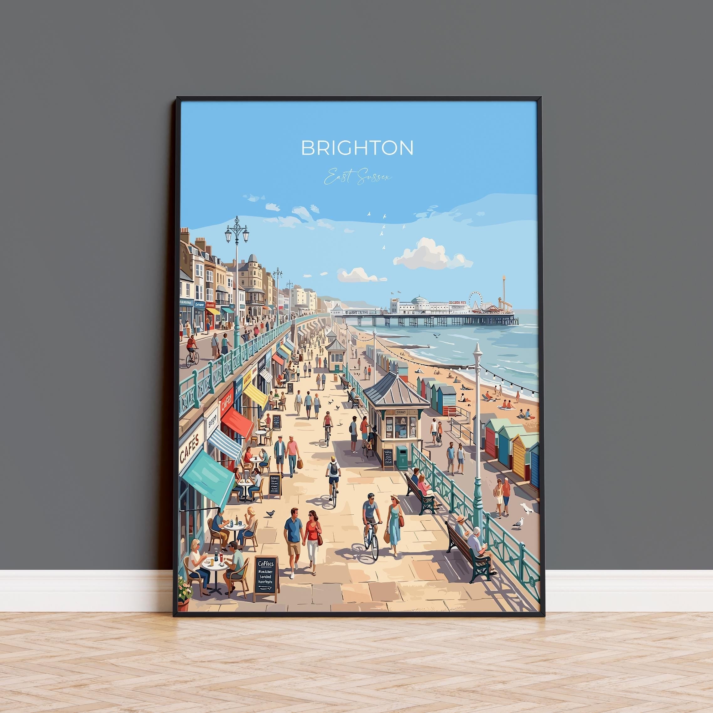 Brighton Travel Print, Brighton Pier Wall Art, Seaside Poster UK, Royal Pavilion Illustration, Vintage Style Coastal Decor, Brighton Gift NQ Media Designs