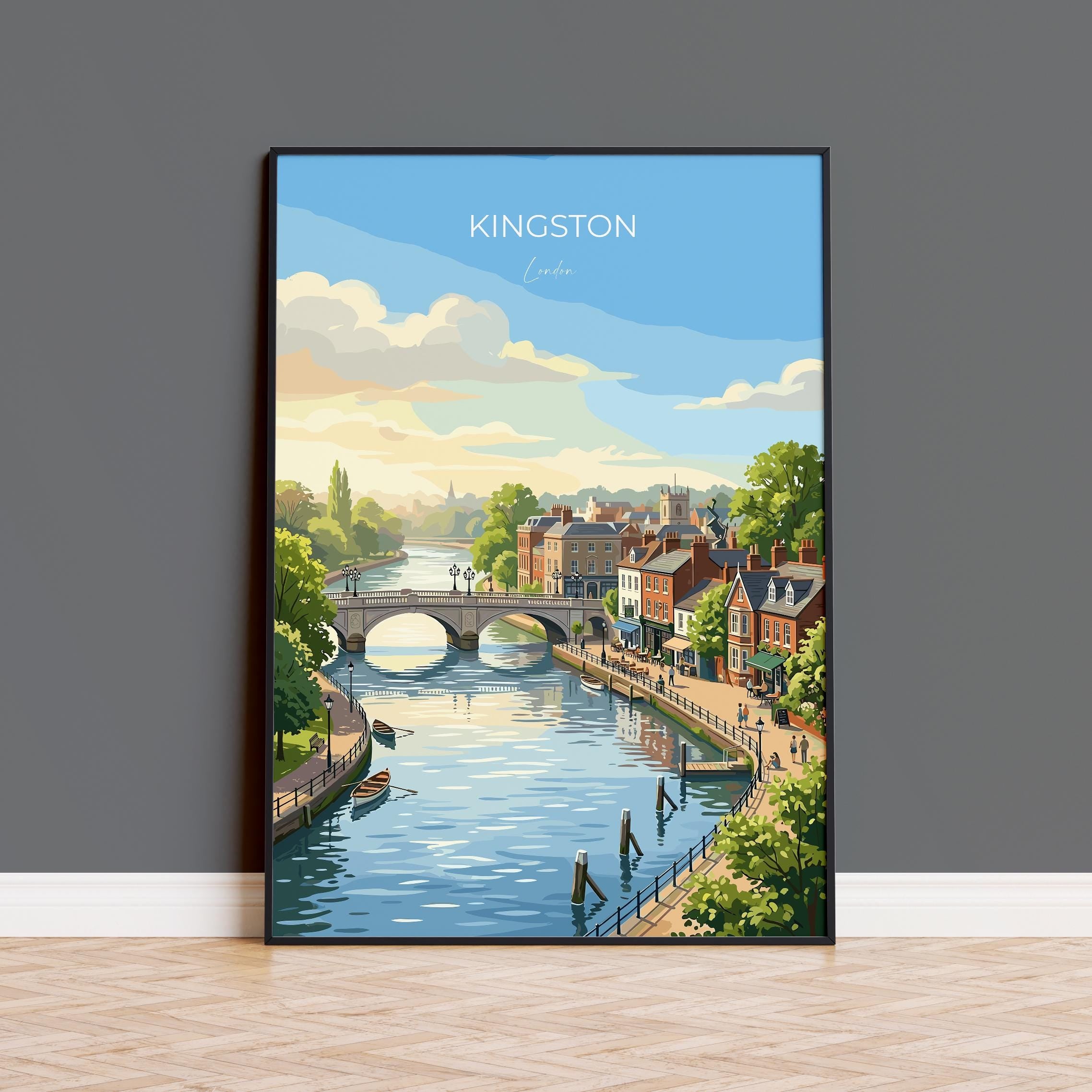 Kingston upon Thames Travel Print, Kingston Bridge River Thames Wall Art, Surrey Riverside Poster, Historic Town Art, Vintage Style UK Decor