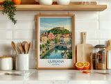 Ljubljana Slovenia Print, Dragon Bridge Wall Art with Border, Ljubljana Castle Poster, Slovenia Travel Print, Ljubljana Gift Print
