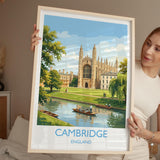 Cambridge Travel Poster, Kings College Cambridge Wall Art, River Cam Punting Scene Print, Historic University Illustration, UK Vintage Style NQ Media Designs