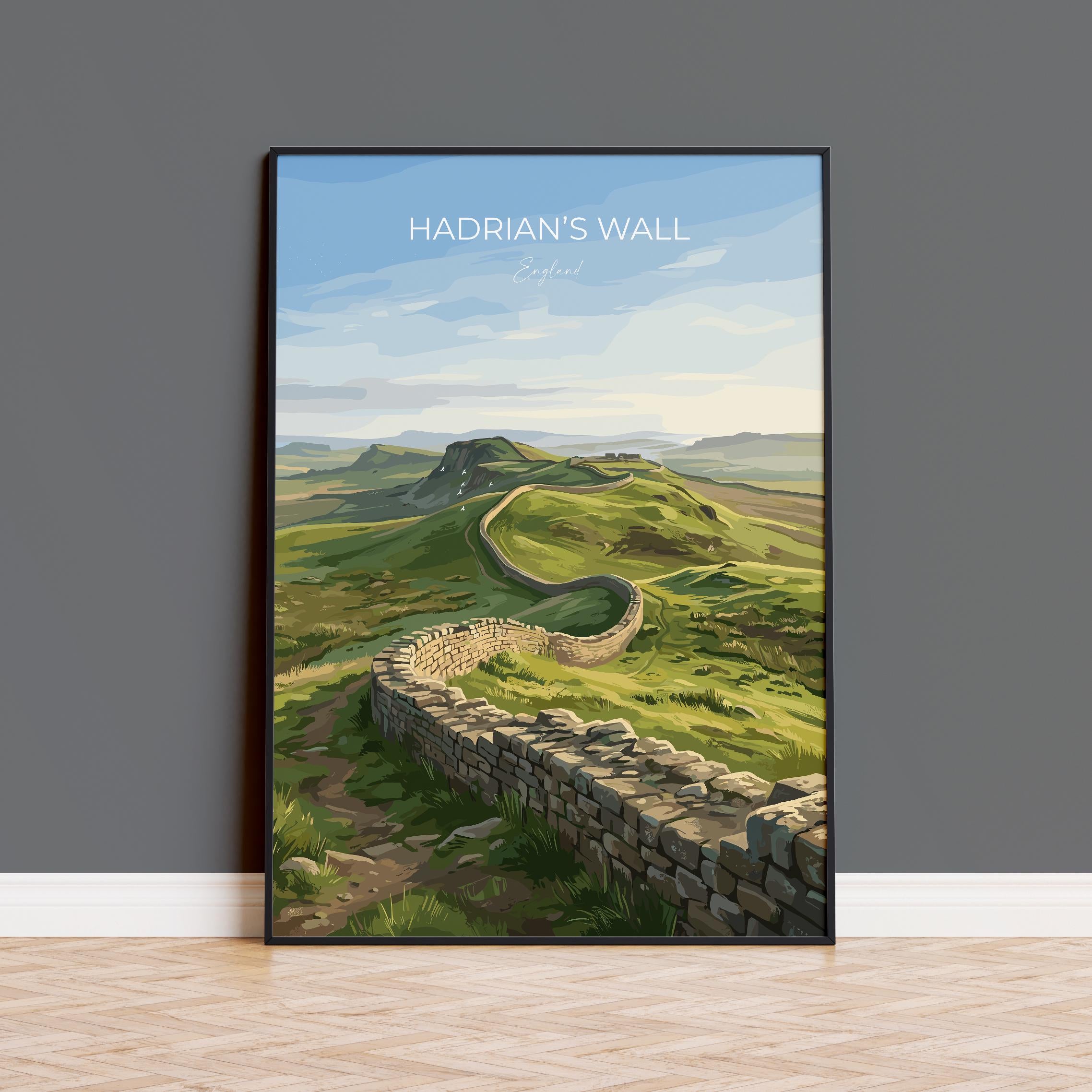 Hadrians Wall Travel Print, Northumberland Wall Art, Roman Britain Landscape Poster, Historic UK Heritage Illustration, England Decor