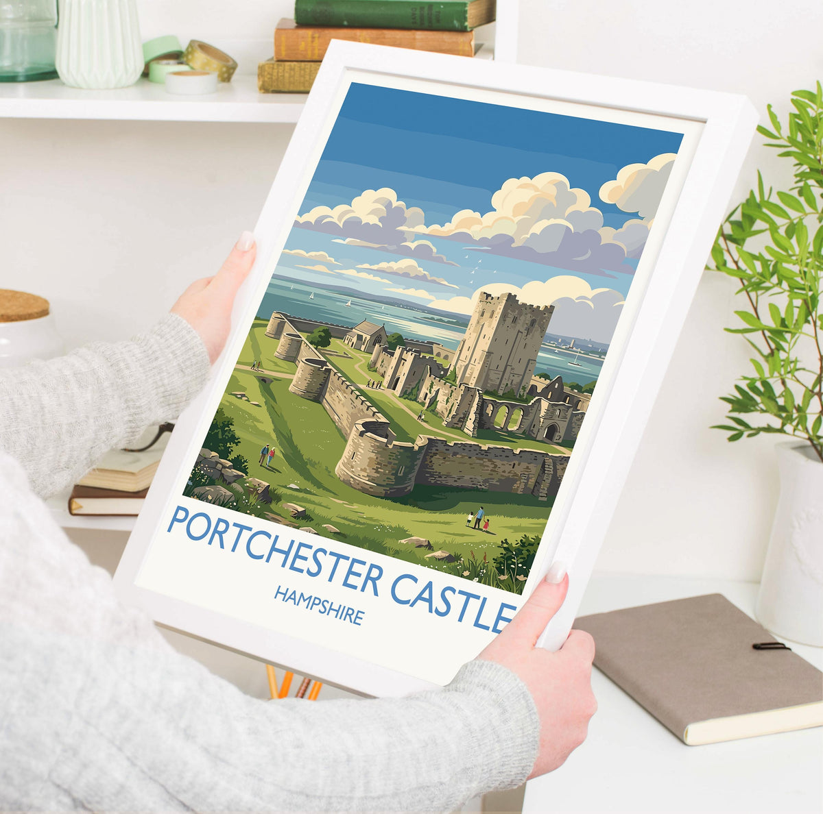 Portchester Castle Print, Hampshire Wall Art with Border, Norman Castle Poster, England Travel Print, Portchester Gift Print