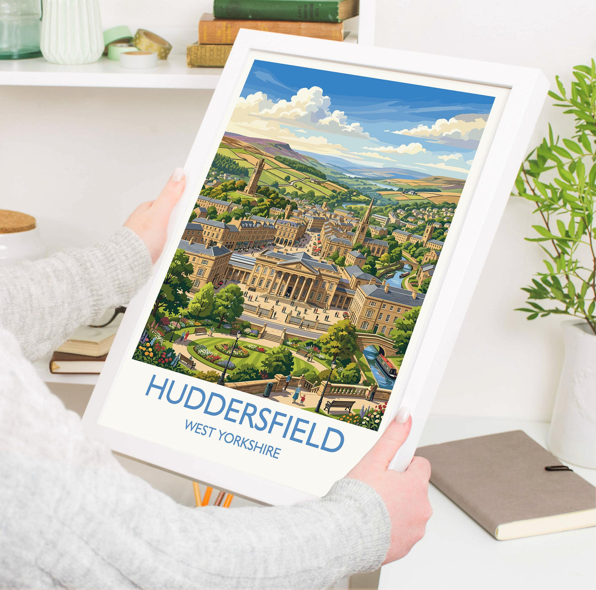 Huddersfield West Yorkshire Travel Poster, Victoria Tower Wall Art, Historic Town Print, Castle Hill Illustration, Vintage Style UK Decor