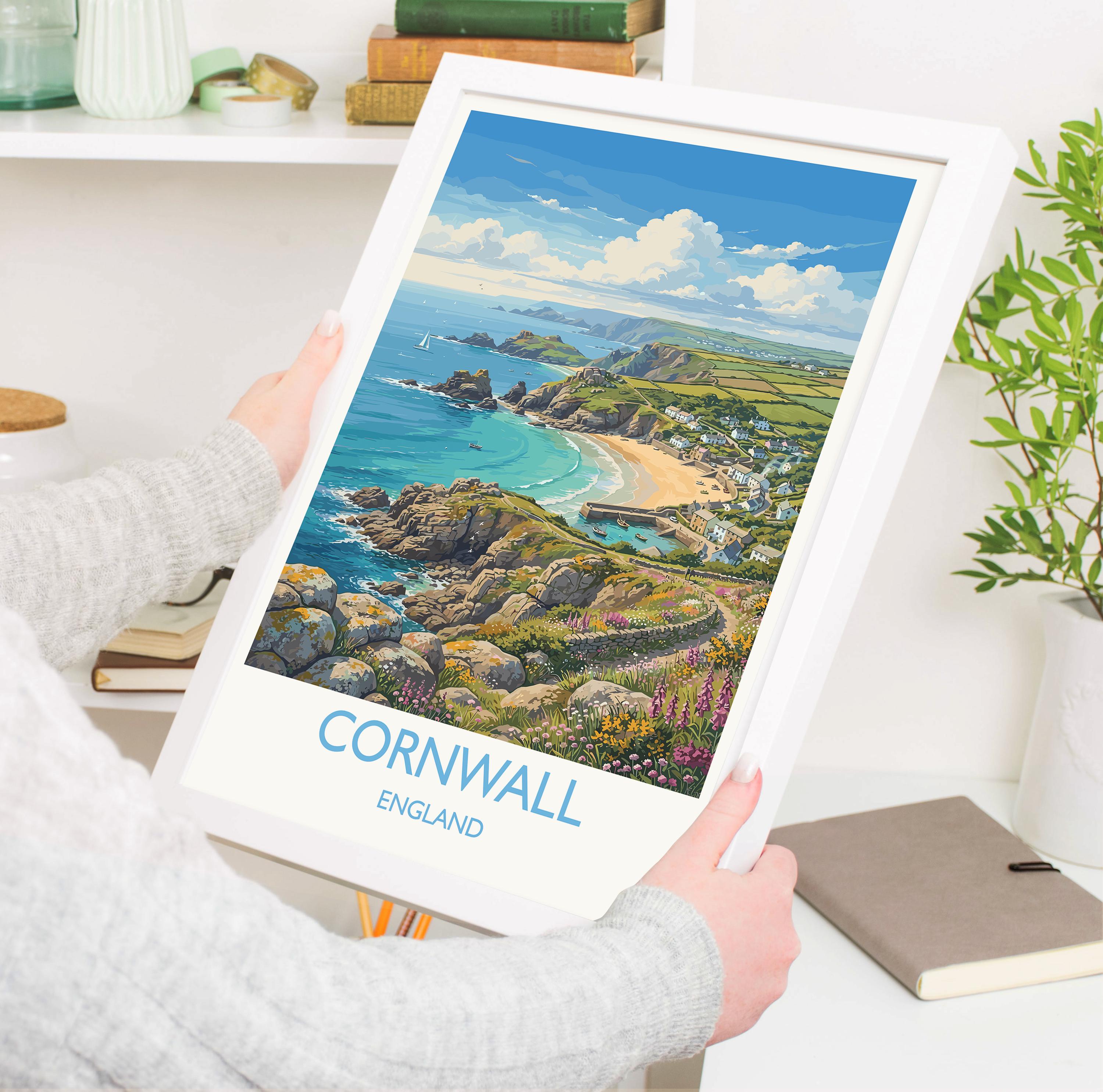 Cornwall England Travel Poster, Cornish Coast Wall Art, Coastal Landscape Print, Seaside Illustration, Vintage Style UK Decor