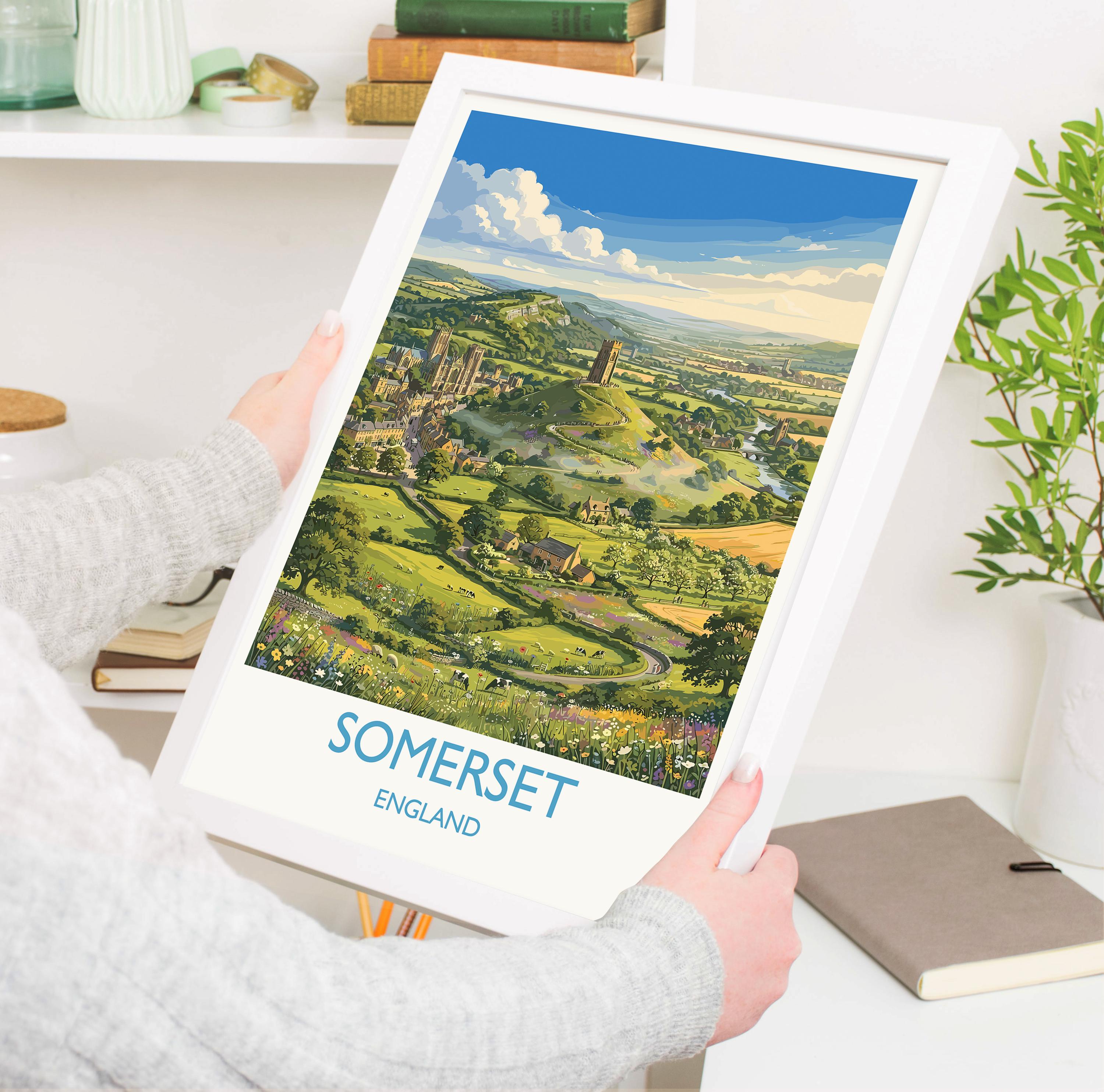 Somerset England Travel Poster, Somerset Countryside Wall Art, Cheddar Gorge Print, Wells Cathedral Illustration, Vintage Style UK Decor