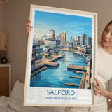 Salford Quays Travel Poster, Salford Manchester Wall Art, MediaCityUK Waterfront Print, Modern Skyline Illustration, Vintage Style UK Decor