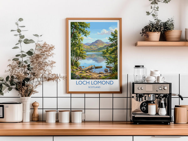 Loch Lomond Scotland Travel Poster, Scottish Highlands Wall Art, Scenic Loch Landscape Print, Nature Illustration, UK Decor, Scotland Gift